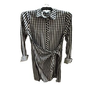 Skies Are Blue Gingham Wrap Tie Shirt Dress Black White Cotton Large